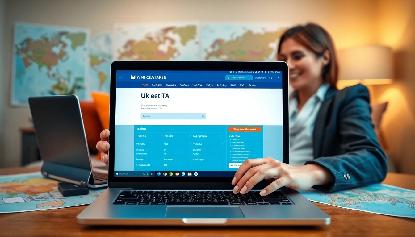 Engaging with the uk eta online application on a laptop in a cozy workspace filled with travel elements.