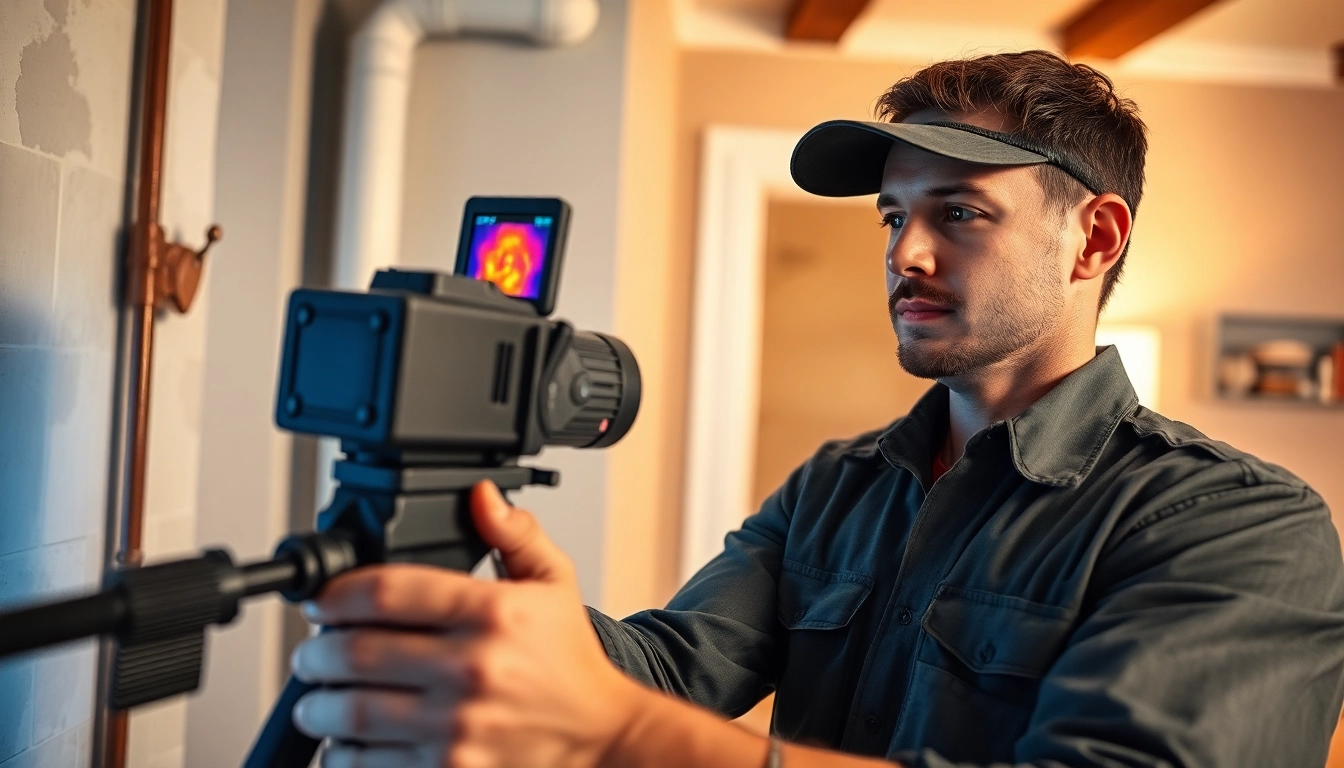 Technician performing hidden leak detection using thermal imaging technology in a cozy home.