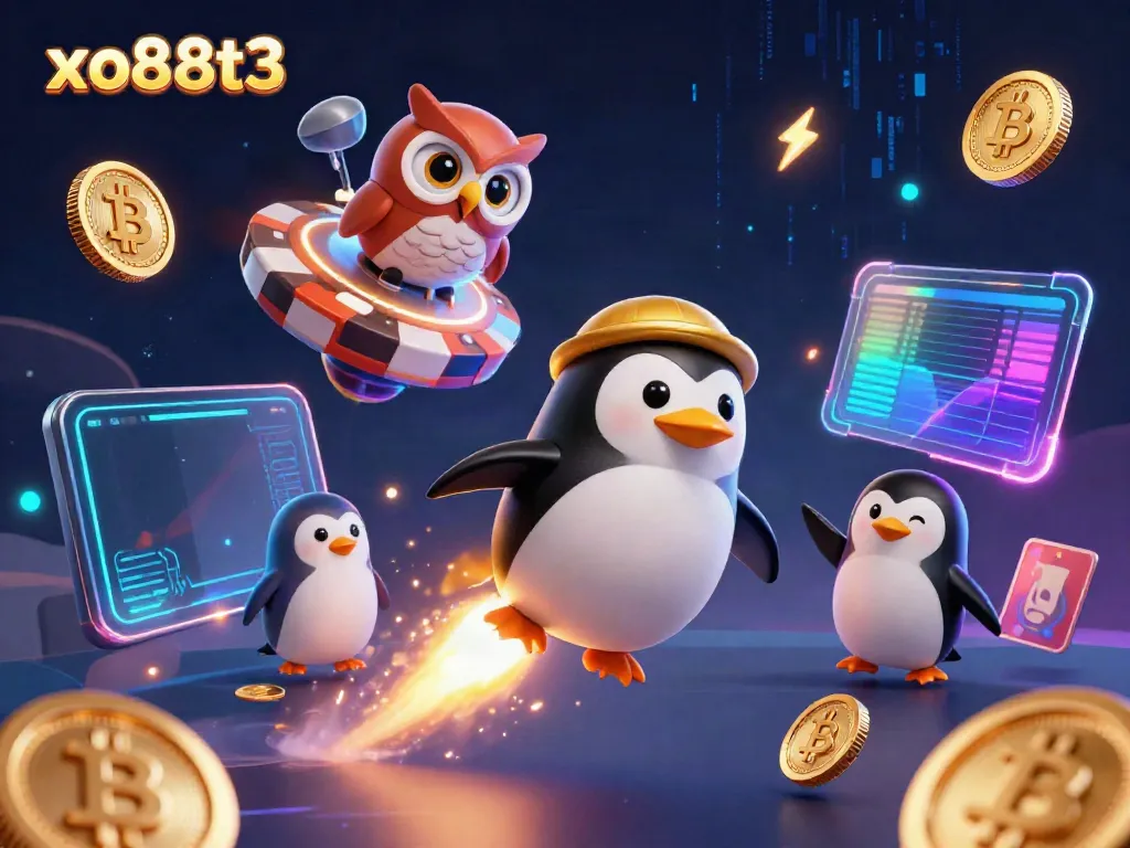 Experience the excitement of xo88t3 as the golden penguin ventures through a vibrant casino space.