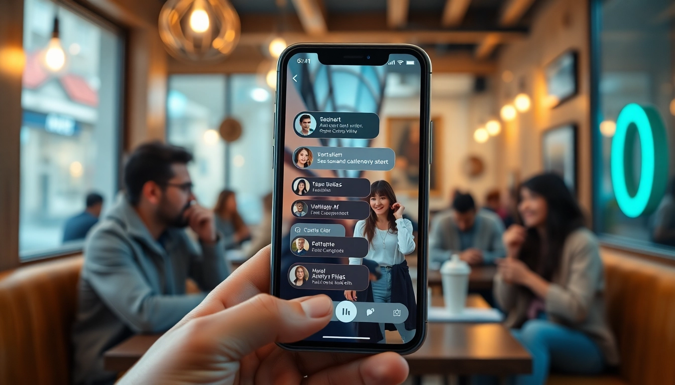 Futuristic AI dating app demonstrating sex ai features in a cozy café setting.