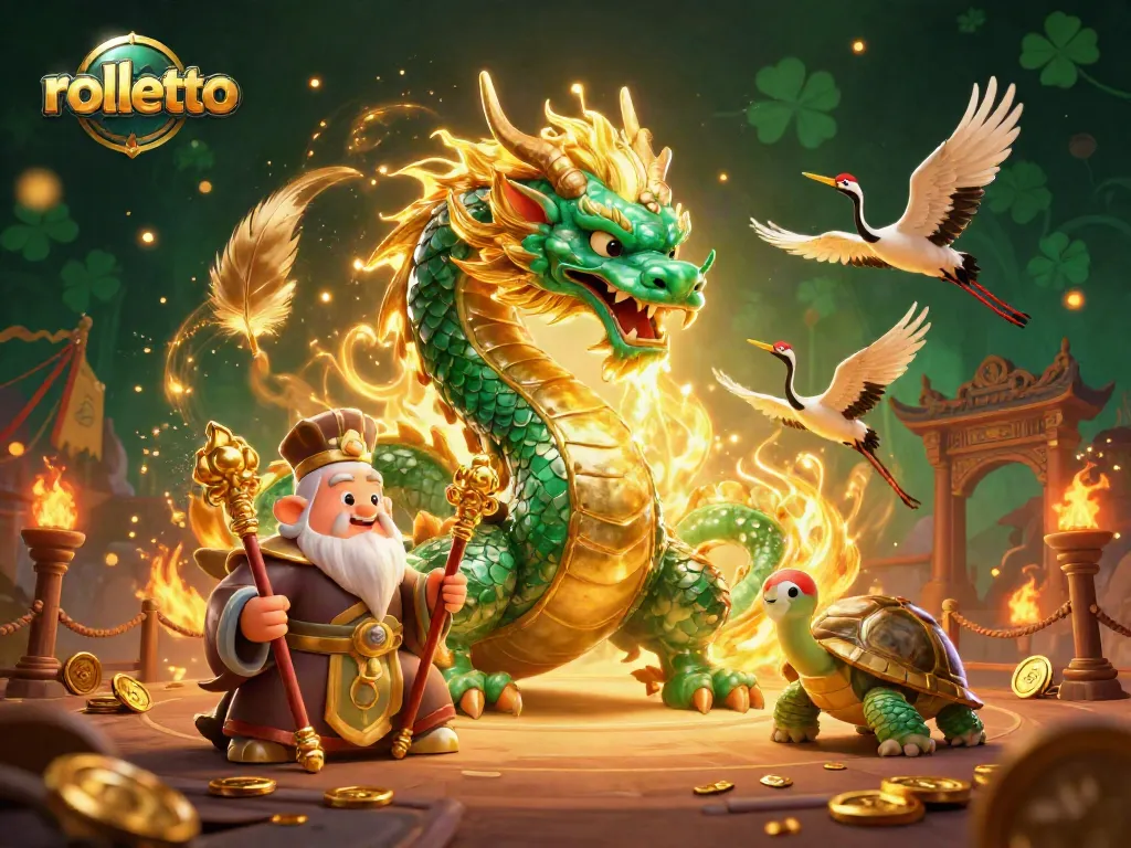 Experience rolletto's exciting casino atmosphere with a jade dragon, turtle sage, and lucky cranes in a vibrant 3D scene.