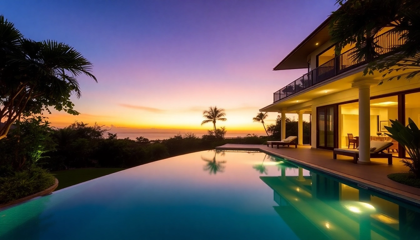 Stunning villa property management in Phuket showcasing lush gardens and a tranquil pool.