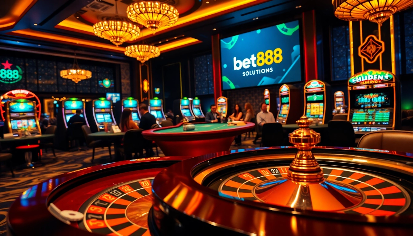 Exciting casino gaming scene showcasing players at tables and a roulette wheel, featuring https://bet888.solutions/ prominently.