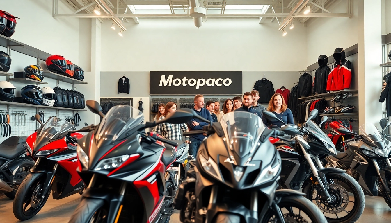 Découvrez des équipements de moto innovants dans le showroom dynamique de Motopaco, présentant des designs élégants et des accessoires.