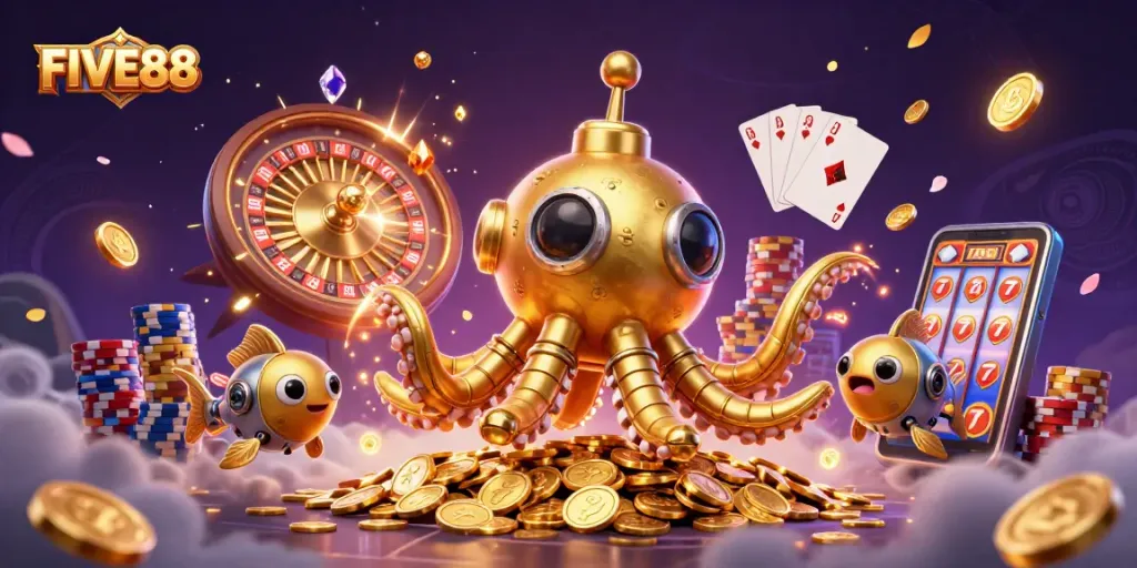 Experience the excitement of FIVE88 with dynamic gameplay featuring a golden kraken and casino elements.
