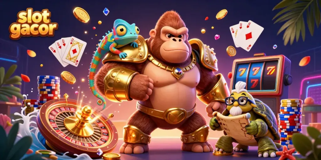 Experience the thrill of slot gacor with a gorilla king, colorful chameleon, and wise tortoise amidst casino elements.