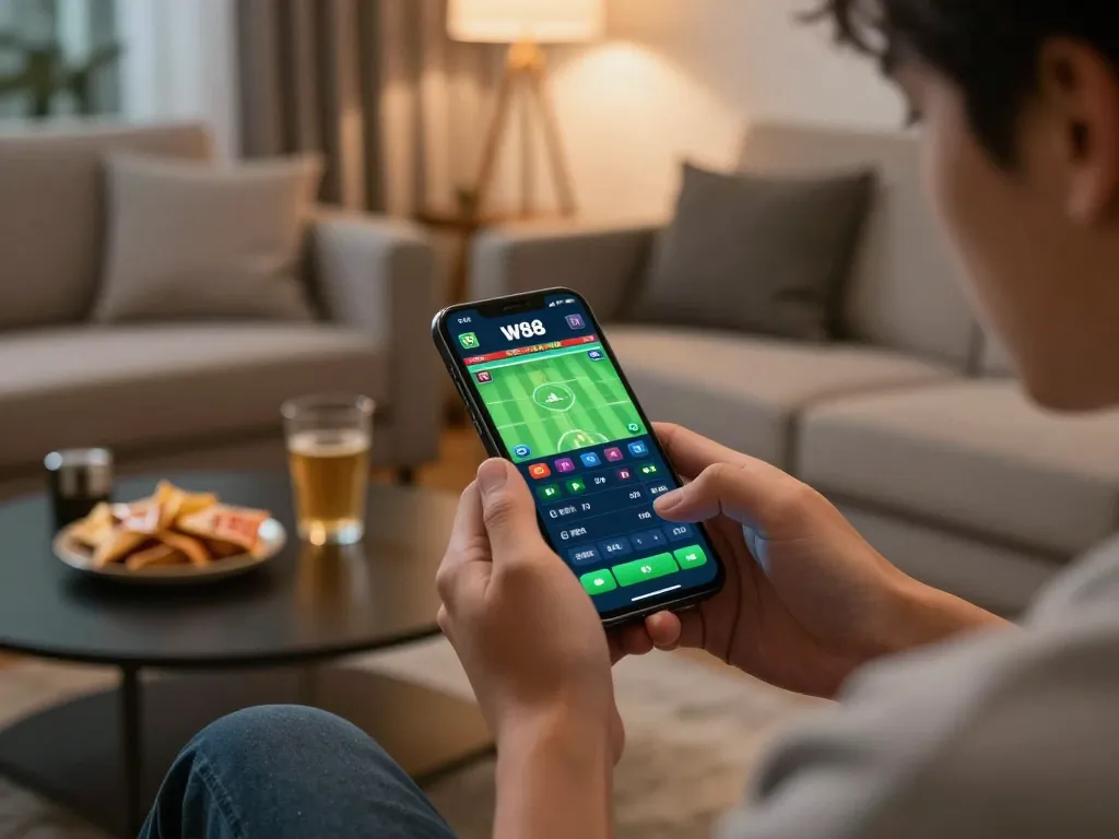 Player using W88 mobile app for live sports betting at home in cozy atmosphere