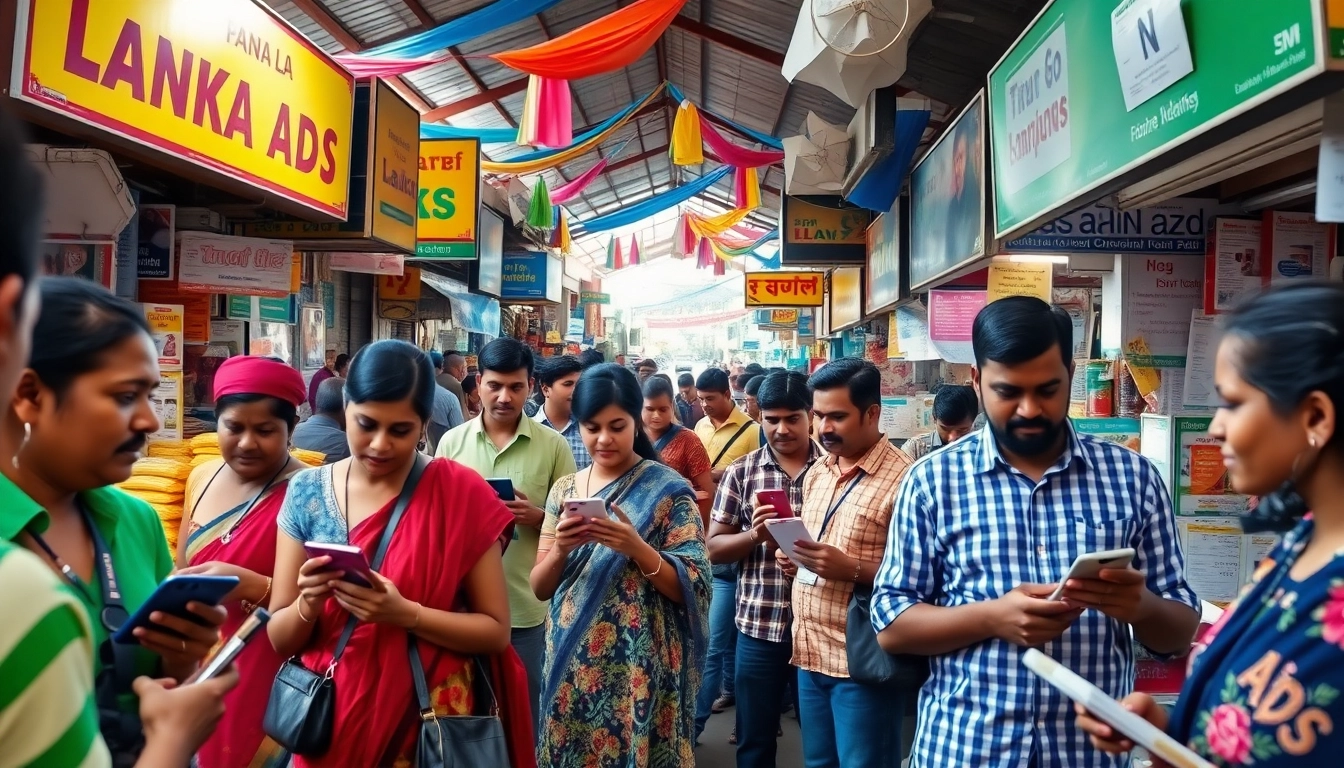 Lanka Ad vibrant marketplace scene showcasing individuals engaged in advertising and browsing