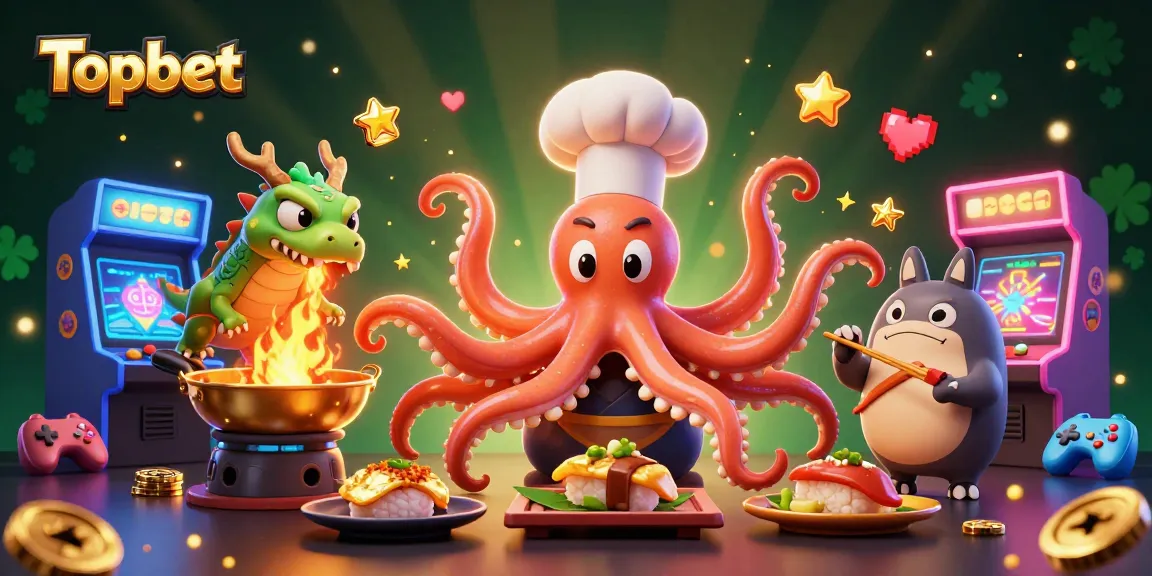 Engage in thrilling gaming adventures with Topbet featuring a vibrant scene of an octopus chef, dragon, and a tanuki amidst casino elements.