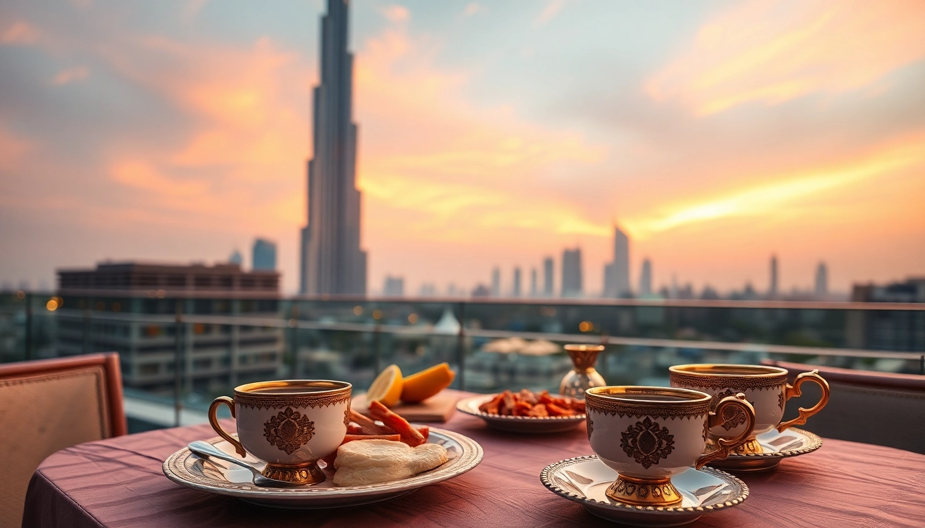 Experience travel to Dubai with a stunning sunset view of Burj Khalifa and delicious Arabic cuisine.