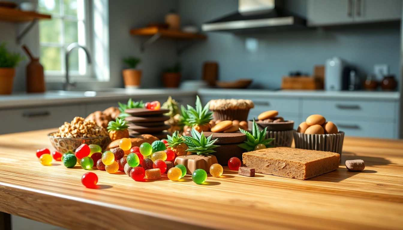 Buy Marijuana Infused Edibles Online UK with a vibrant assortment of colorful treats displayed elegantly.