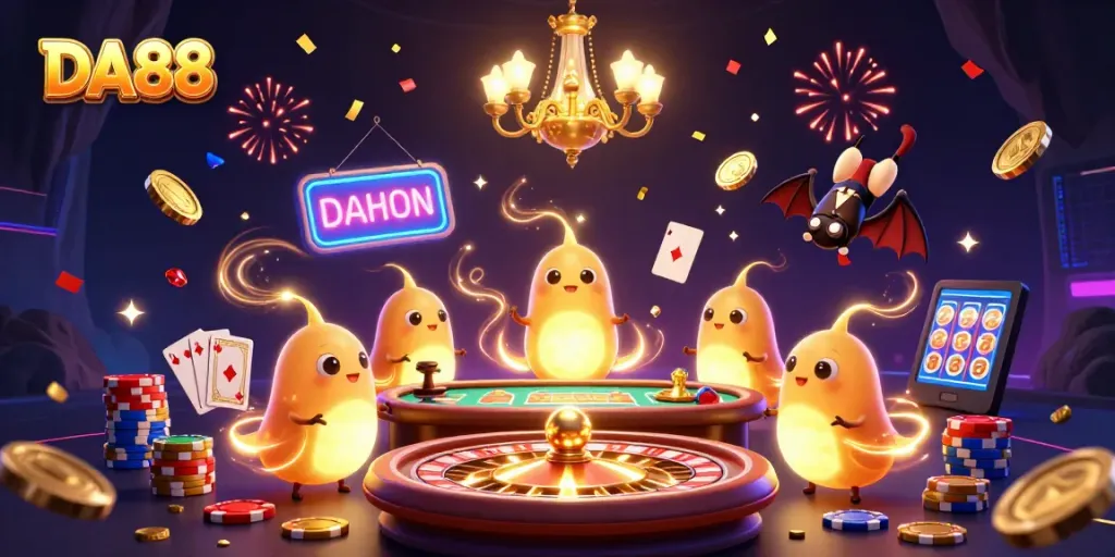Experience the vibrant glow of DA88 as bioluminescent glowworms light up a festive casino scene.