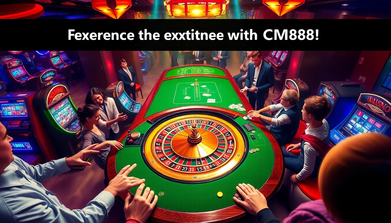 Experience the thrill of CM88 Casino with players at a vibrant roulette table, colorful chips, and slot machines.