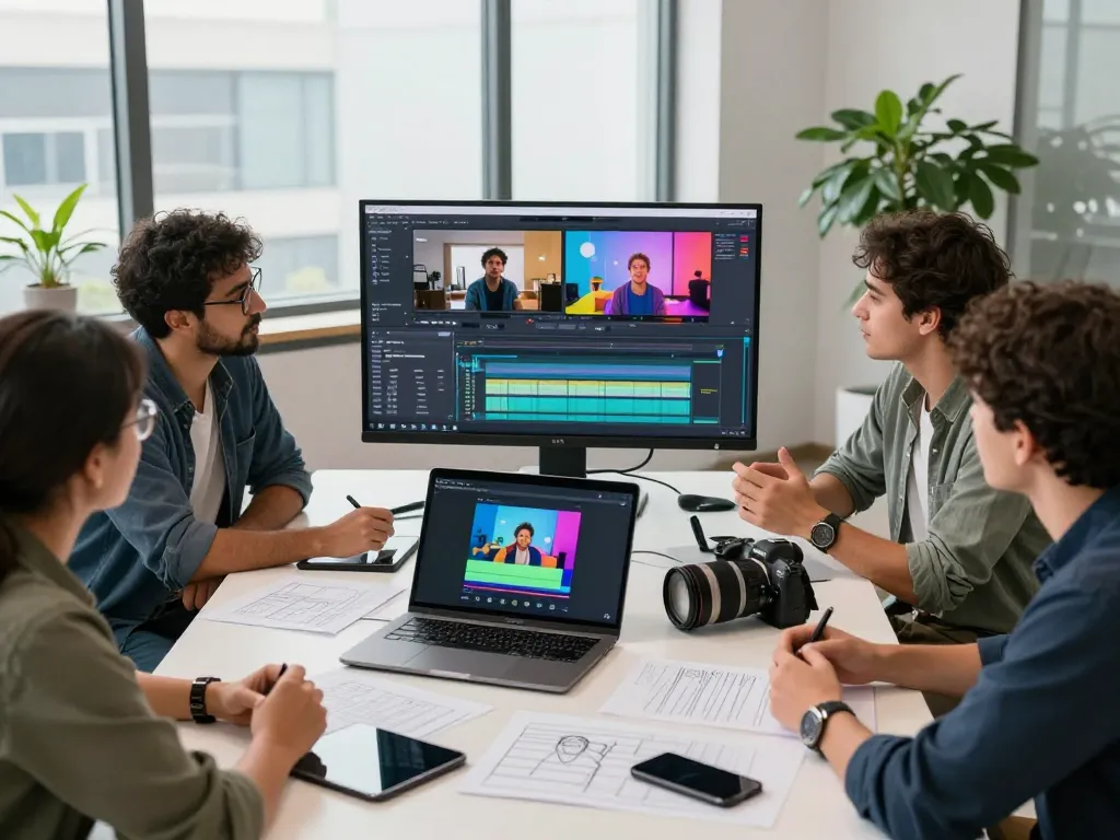 Team collaborating using video to prompt technology in a modern workspace, showcasing video editing and creativity.