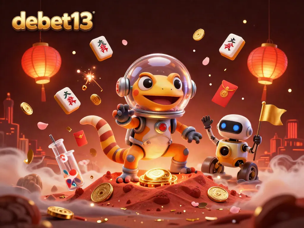Experience the excitement of debet13 with a Martian gecko discovering a golden casino in this vibrant 3D scene.