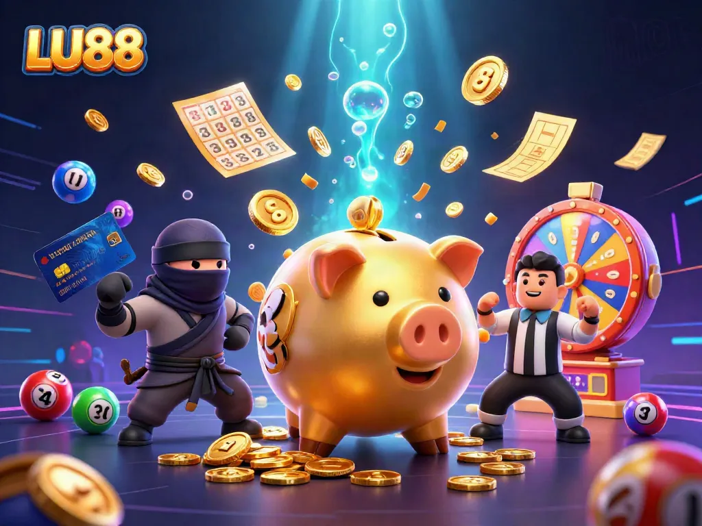 LU88 features an engaging scene with a golden piggy bank sumo wrestler and playful elements of gambling.
