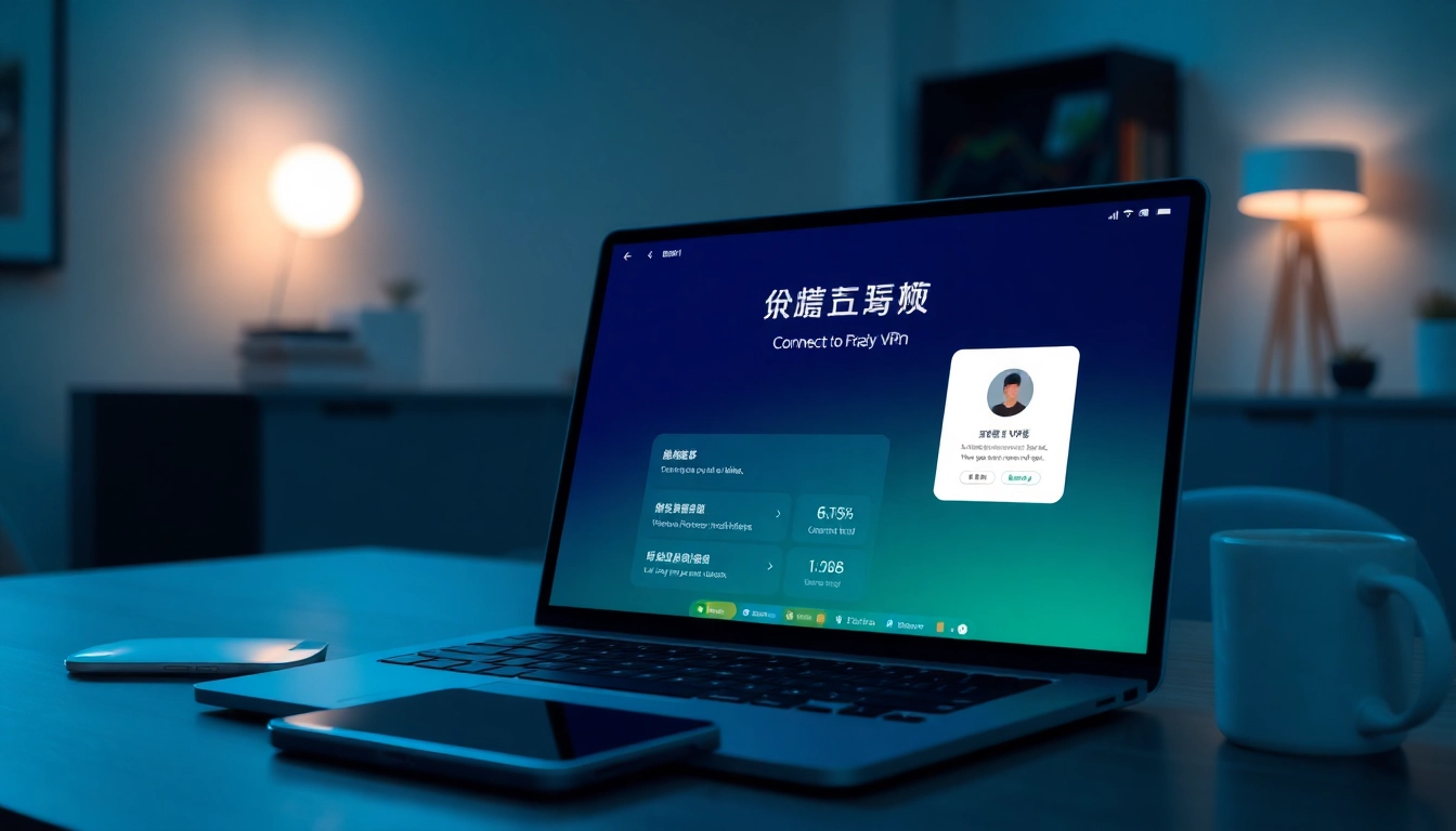 在现代工作空间的笔记本电脑上显示的快连官网 VPN 界面，展示简便连接和用户友好设计。