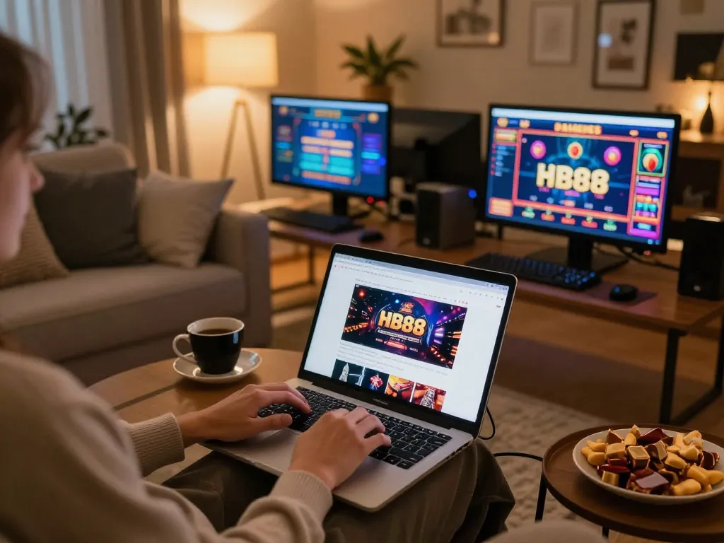Engaged player enjoying HB88 online casino experience on a laptop in a cozy home setting