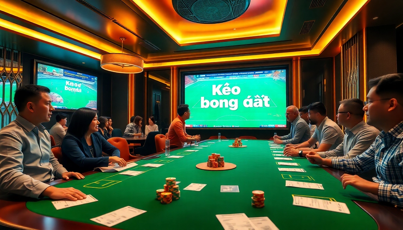 Kèo bóng đá betting scene with excited gamblers in a luxurious sports betting lounge.