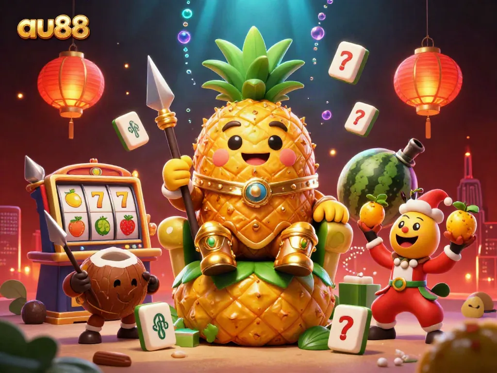 Engage in thrilling casino adventures with au88, featuring a golden pineapple king and lively game elements.
