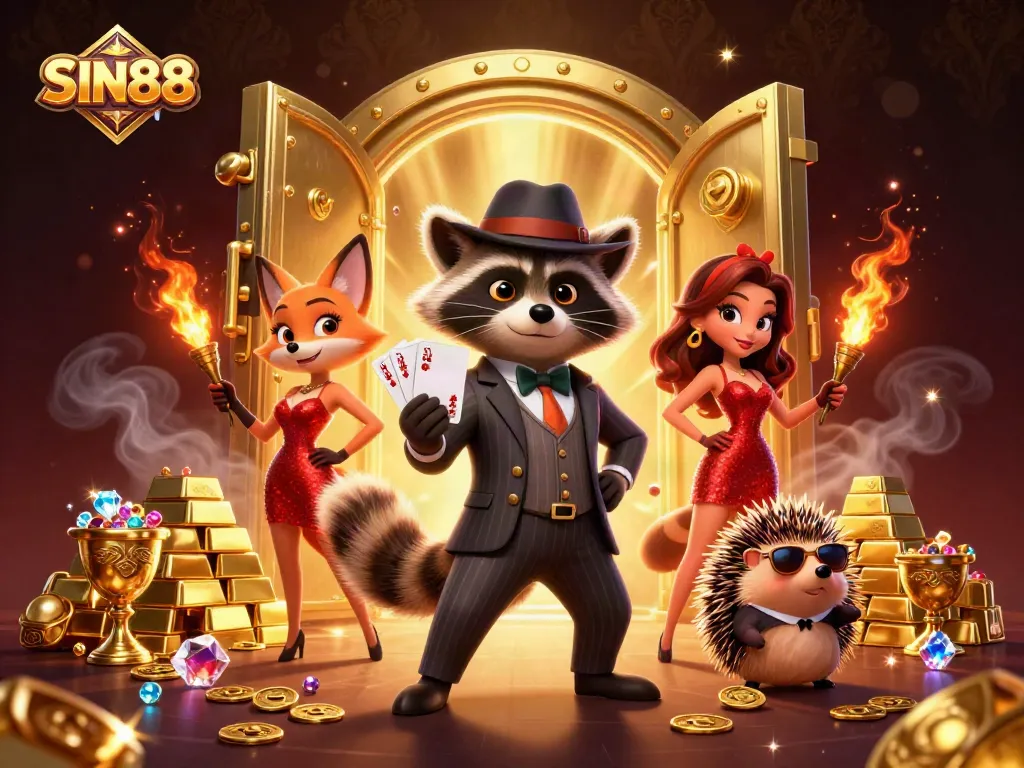 SIN88 casino illustration featuring a raccoon holding royal flush, surrounded by gold bars and jewels.