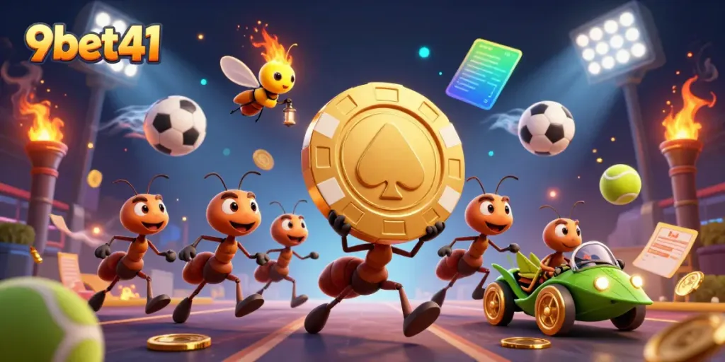 Experience thrilling gameplay 9bet41 with a dynamic casino heist scene featuring ants and gaming elements.