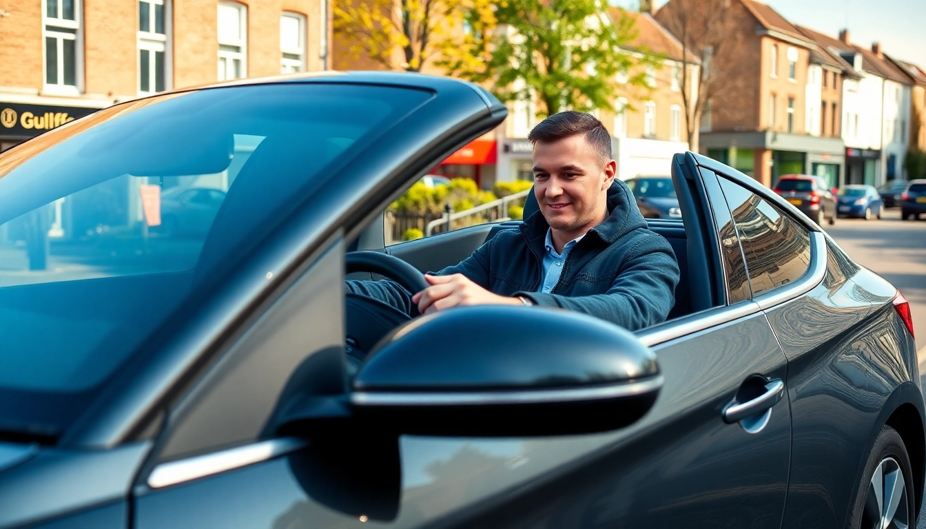 Student taking an intensive driving course Guildford with a professional instructor in a modern car.