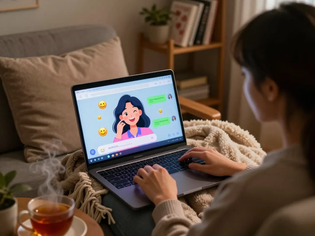 Experience engaging ai nsfw conversations with a playful AI character on a cozy laptop setup.