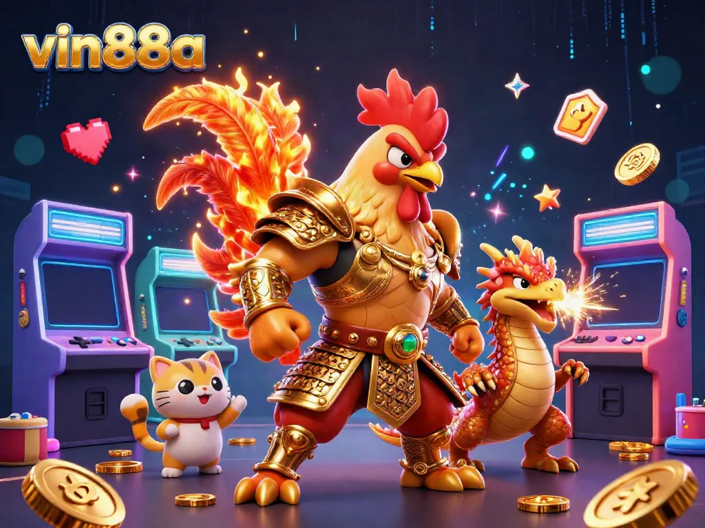Experience the excitement of vin88a with a vibrant 3D illustration showcasing action-packed gaming elements and characters.