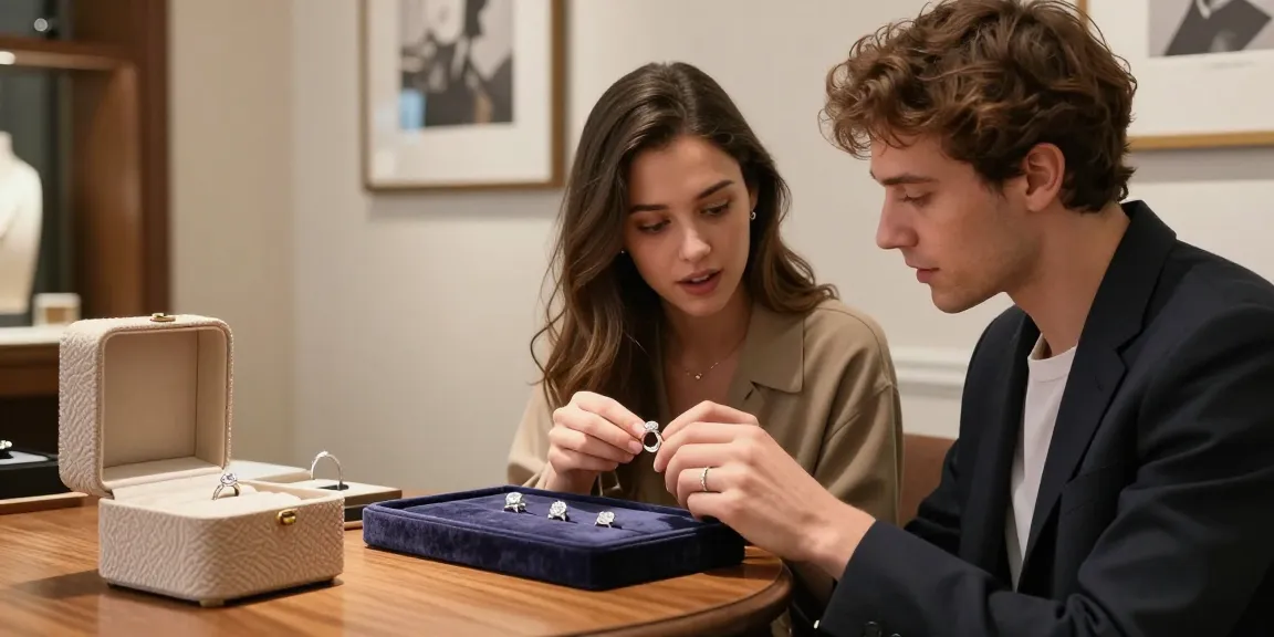 Couple admiring a bespoke engagement ring in a romantic boutique setting, showcasing personalized jewelry design and elegance.