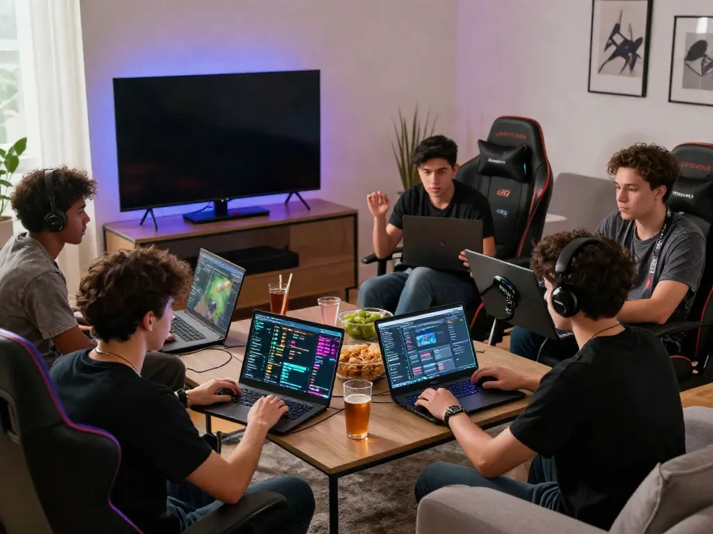 Diverse gamers enjoying 9bet esports action in a lively living room.