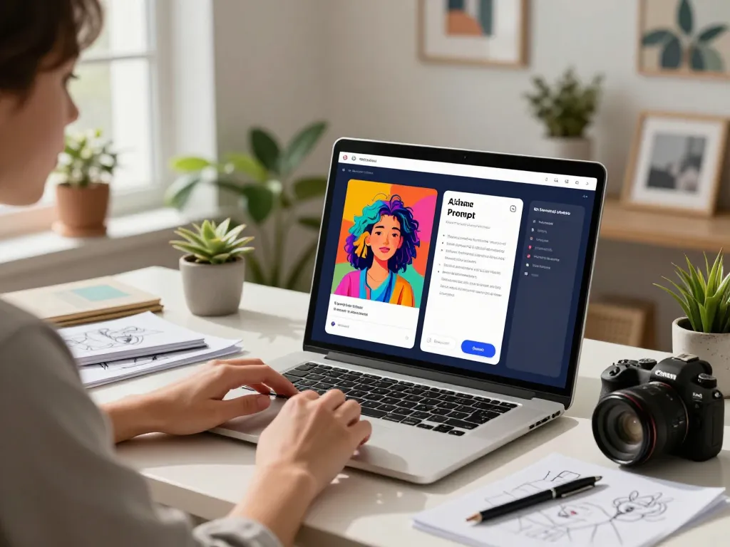 Generate image to prompt with an AI tool at a modern desk.