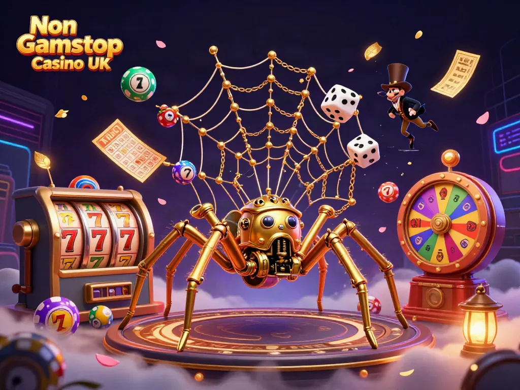 Engaging 3D representation of Non Gamstop Casino UK, featuring a steampunk spider and dynamic gambling elements.