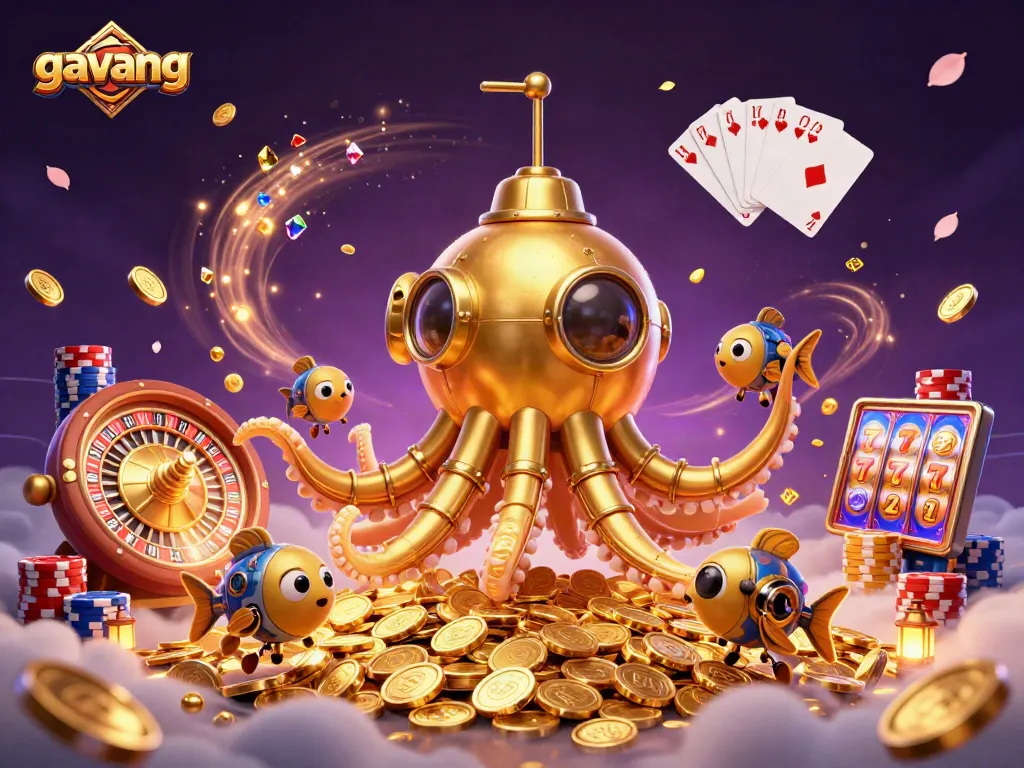 Engage with the online gambling adventure at gavang featuring a golden kraken submarine and vibrant casino elements.
