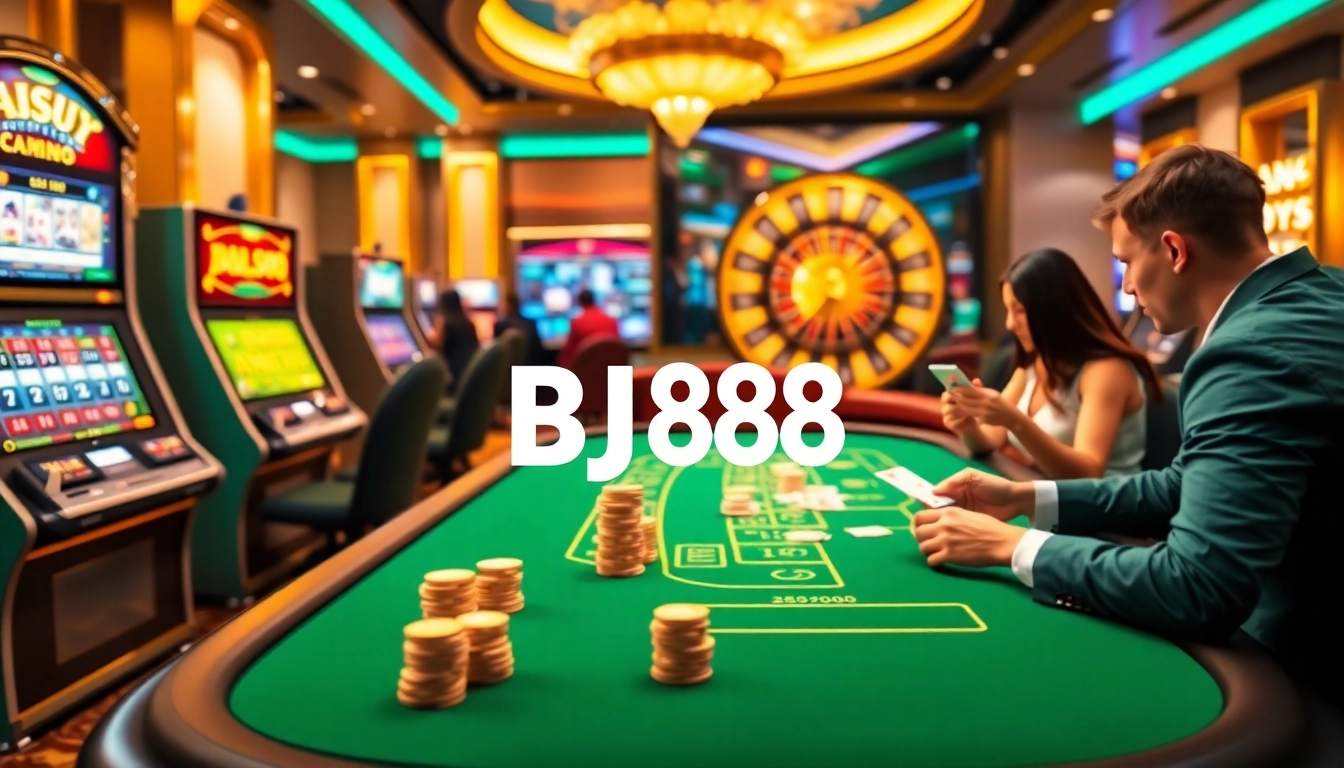 Players winning at the blackjack table on BJ88, surrounded by vibrant casino visuals.