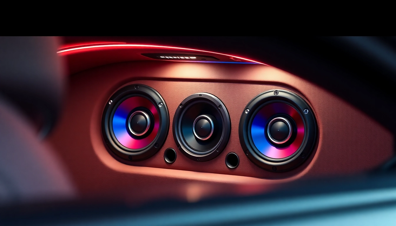 Car speakers (Garsiakalbiai) providing high-quality sound showcased in a stylish vehicle interior.