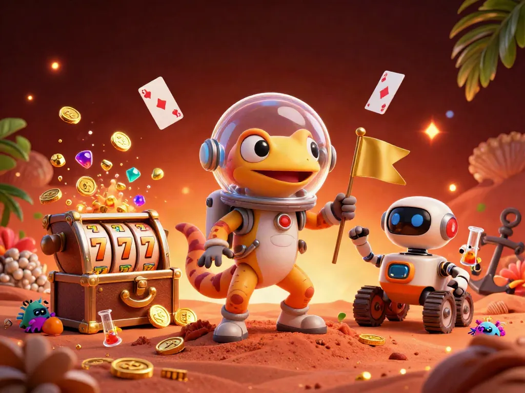 Spin to win at Cosmobet Casino with vibrant Martian gecko characters and treasure-filled scenes.