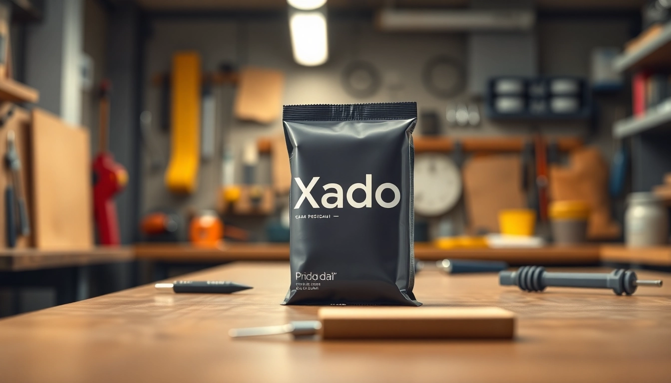 Xado priedai revitalizers showcased prominently on a workshop table with tools in the background.