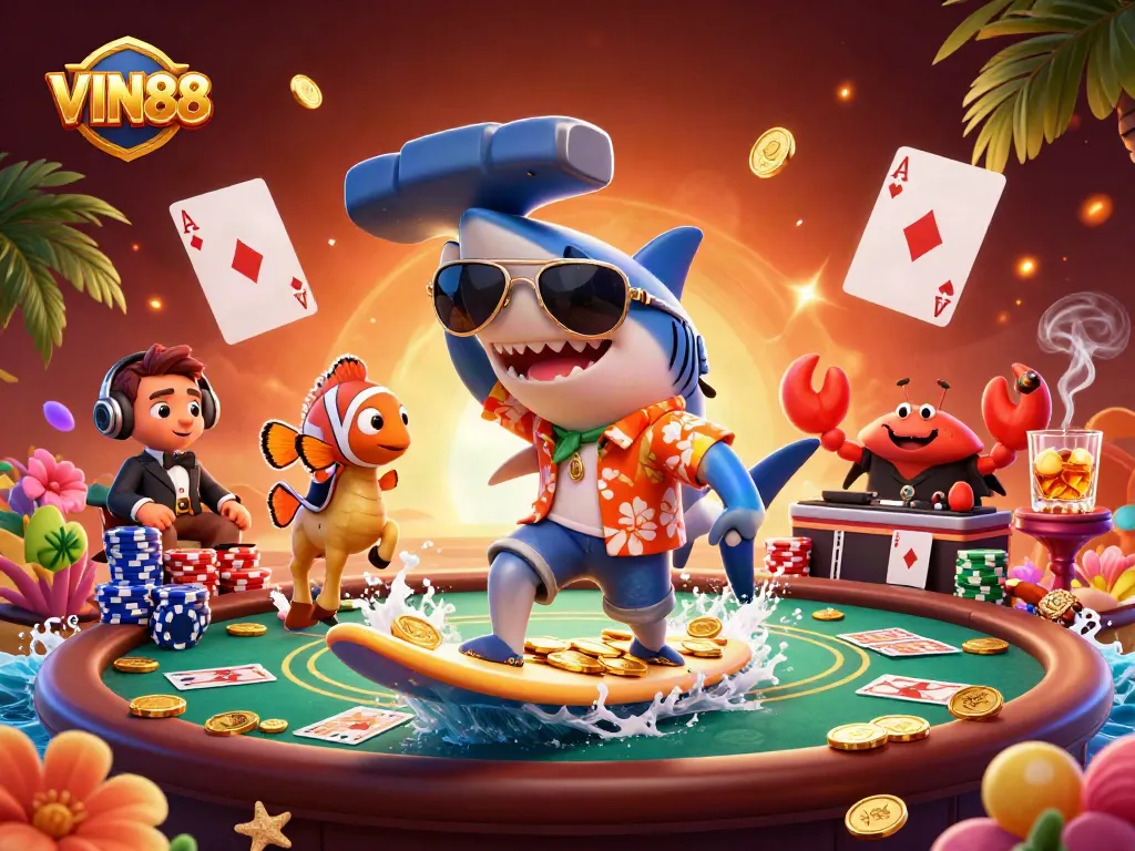 Engage in thrilling gameplay at VIN88, featuring a shark surfing on gold coins at a vibrant coral casino scene.