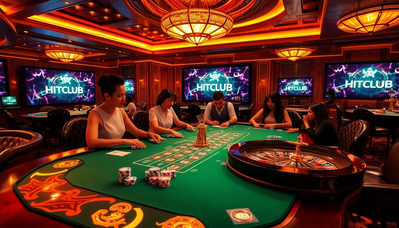 HITCLUB players enjoying a thrilling game at a luxurious casino table filled with excitement.
