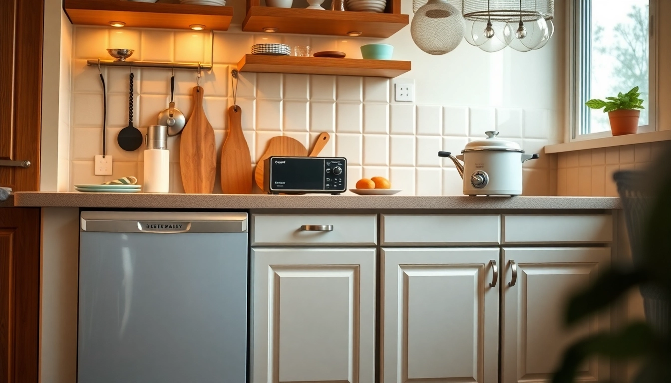 Install бяла техника for a modern, cozy kitchen, emphasizing stylish dishwasher and retro cooker.
