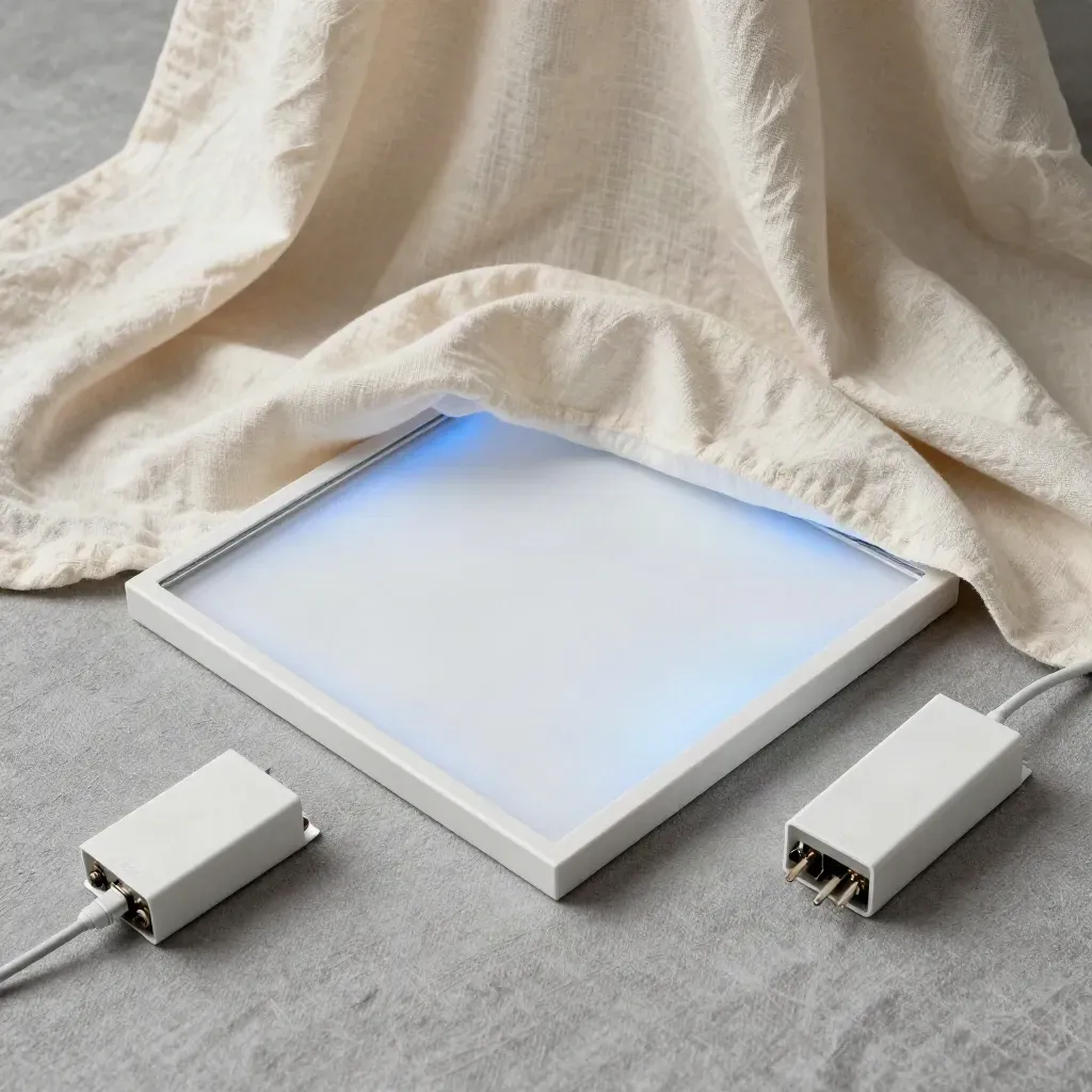 Top-down close-up of a matte white LED panel half-wrapped in cream linen with driver and clips.