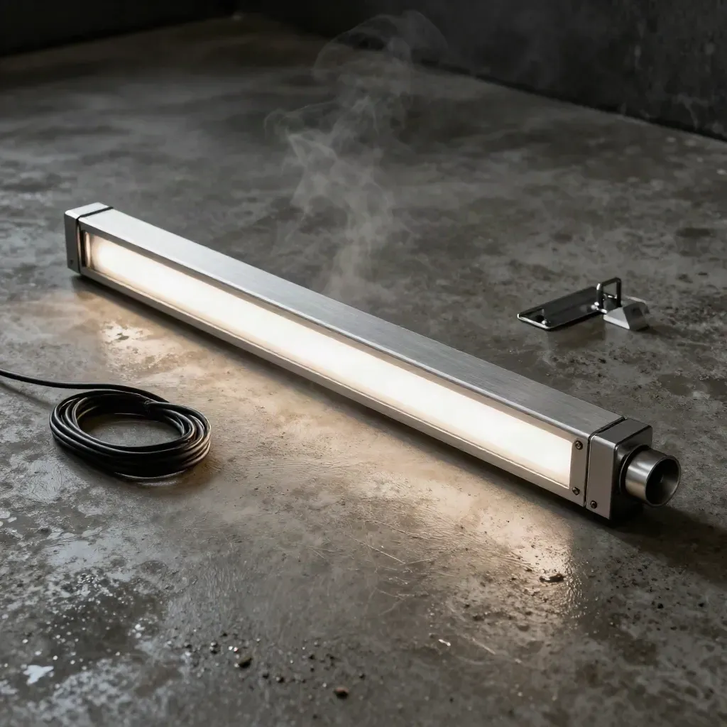 LED batten on wet concrete with bracket, coiled lead and steam