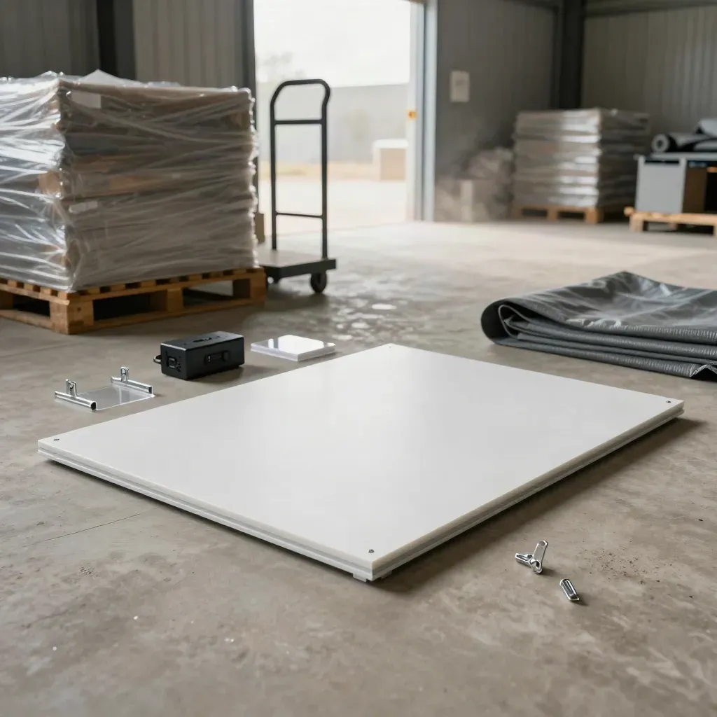 LED retrofit kit with panel, batten, driver pack and clips in a warehouse loading bay.