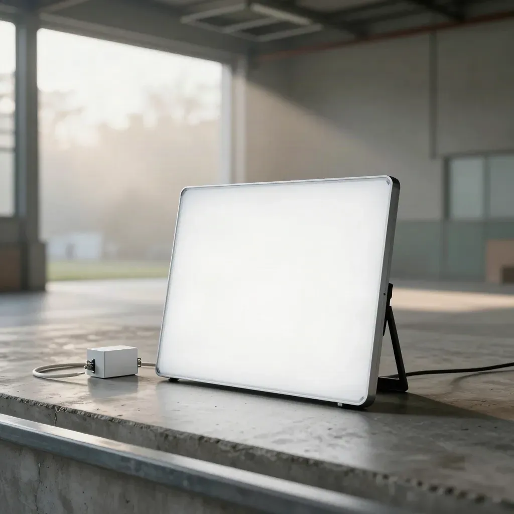 Square LED panel kit with driver, clips and cable loop on a warehouse apron in morning mist.