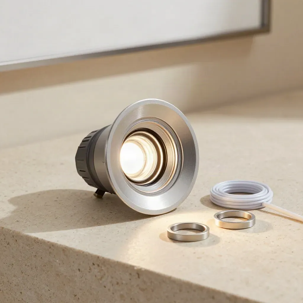 Lit recessed downlight with driver and spare bezels on pale stone, softly glowing in studio light.