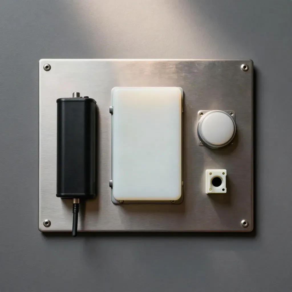 Overhead flatlay of an unbranded emergency exit sign module, battery pack, plate and test button on steel