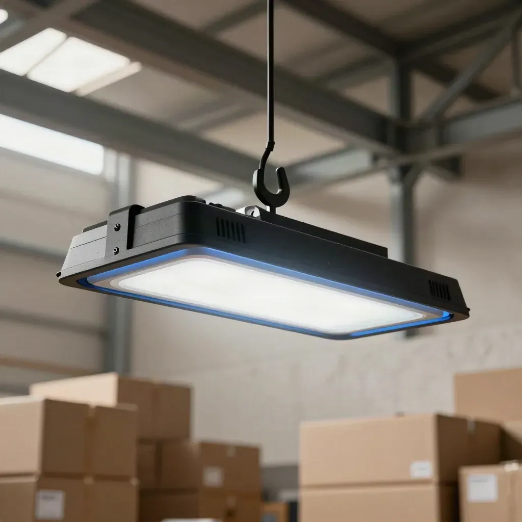 Low-angle LED high bay suspended in a warehouse install bay with steel beams and cardboard.