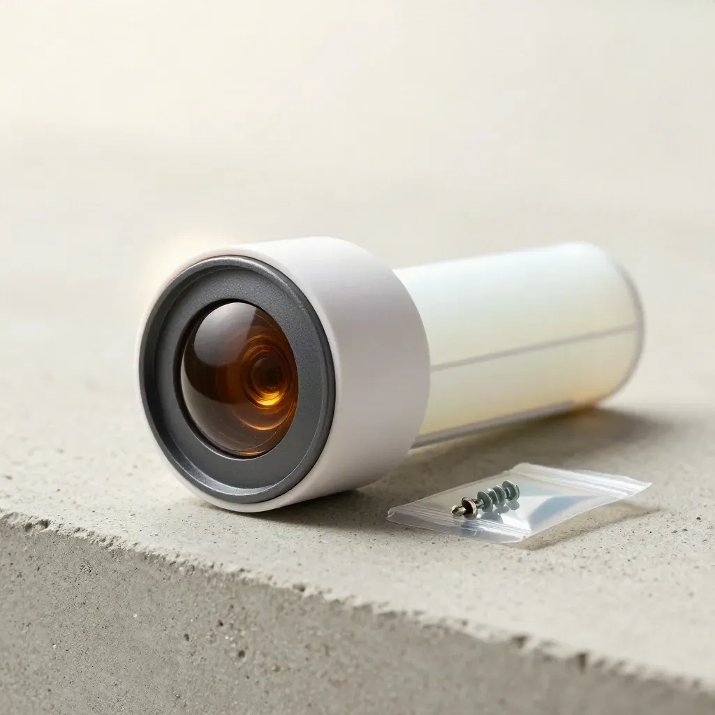 PIR sensor batten with screw bag on pale concrete, close three-quarter macro