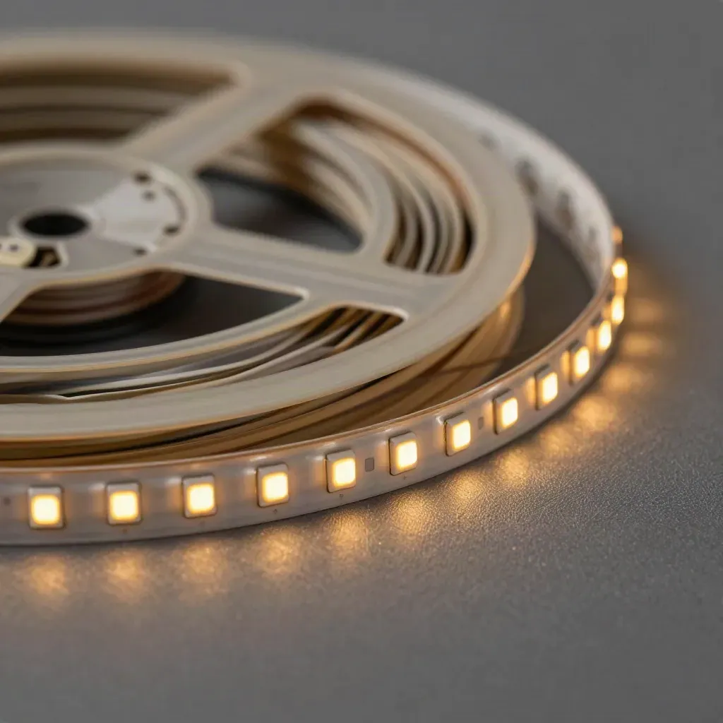 Macro of an unbranded LED strip kit coiled on graphite textile, with connector ends and control module.